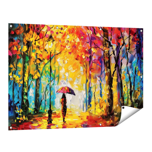 Tuinposter vooraanzicht Vrouw die met een Paraplu door het Bos loopt