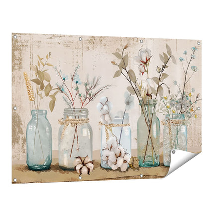 Tuinposter vooraanzicht Blauwe Stenen Potten met Bloemen Erin