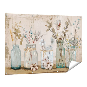 Tuinposter vooraanzicht Blauwe Stenen Potten met Bloemen Erin