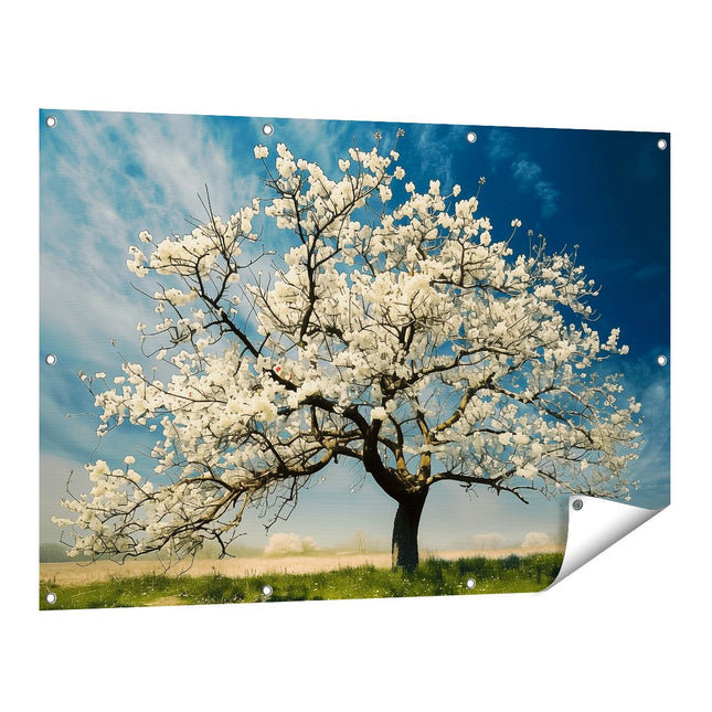 Tuinposter vooraanzicht Witte Boom in een Veld