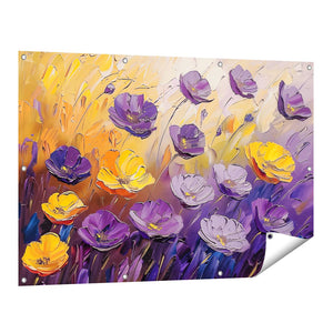 Tuinposter vooraanzicht Paarse en Gele Bloemen
