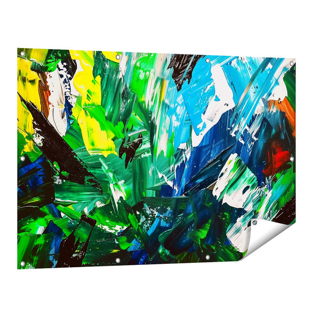 Tuinposter vooraanzicht Abstract Kunstwerk met Groene, Blauwe en Gele Kleuren