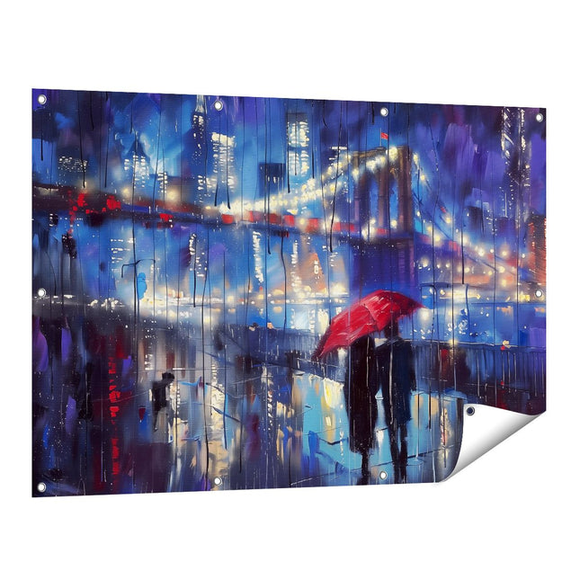 Tuinposter vooraanzicht Brooklyn Bridge 's Nachts met een Rode Paraplu