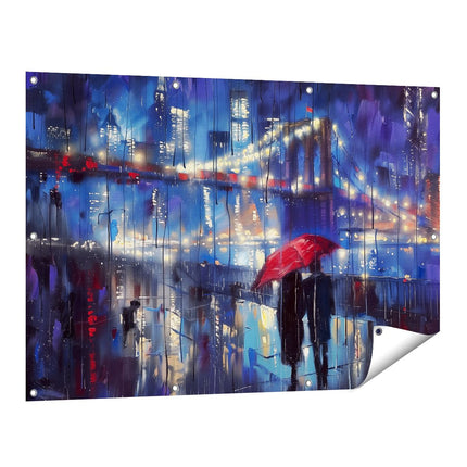 Tuinposter vooraanzicht Brooklyn Bridge 's Nachts met een Rode Paraplu