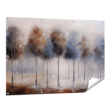Tuinposter vooraanzicht Kunstwerk van Bomen in de Mist
