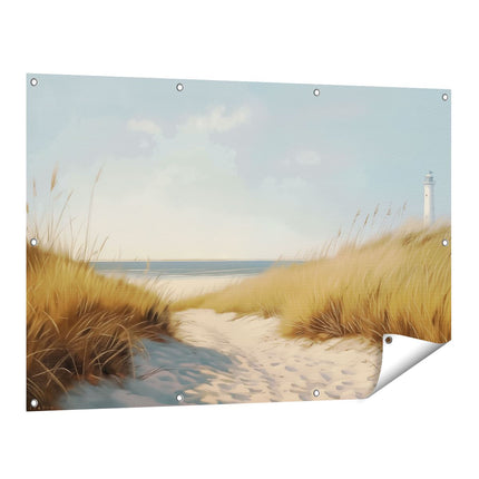 Tuinposter vooraanzicht Zandduinen en een Vuurtoren