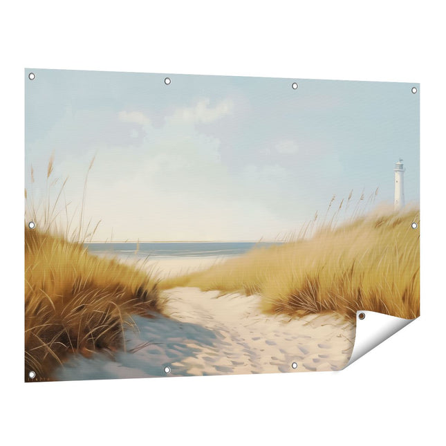 Tuinposter vooraanzicht Zandduinen en een Vuurtoren