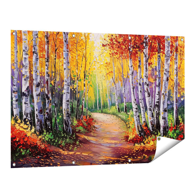 Tuinposter vooraanzicht Berkenbomen in de Herfst