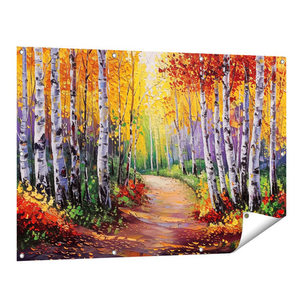 Tuinposter vooraanzicht Berkenbomen in de Herfst