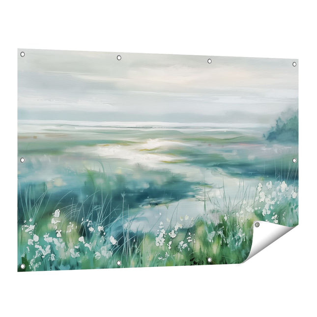 Tuinposter vooraanzicht Kunstwerk van een Moeras met Witte Bloemen