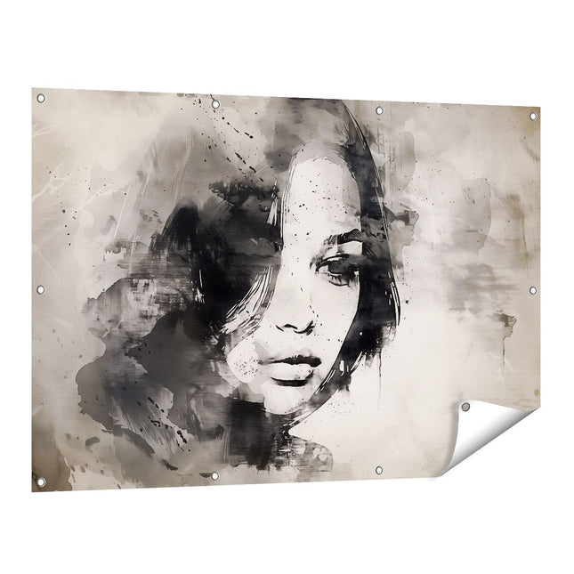 Tuinposter vooraanzicht Portret van een Vrouw in Zwart Wit