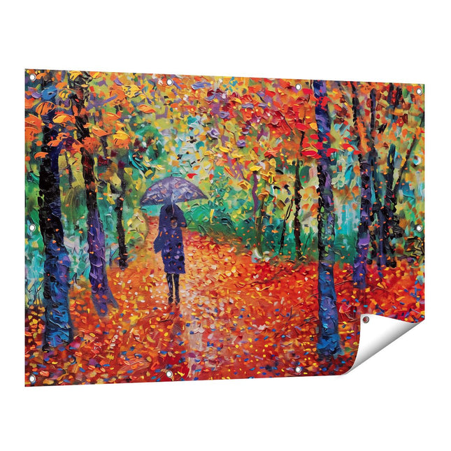 Tuinposter vooraanzicht Vrouw die met een Paraplu door het Bos loopt