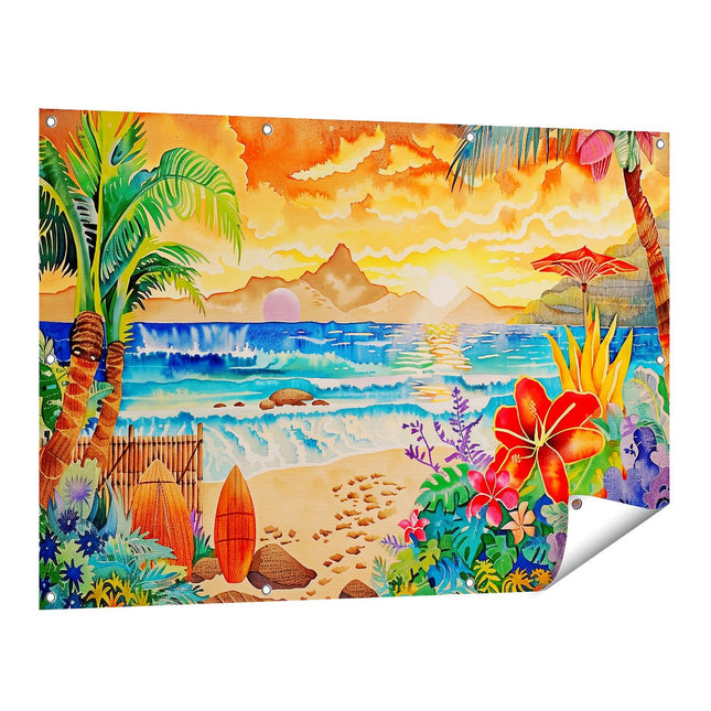 Tuinposter vooraanzicht Kunstwerk van een Tropisch Tafereel met Palmbomen en Surfplanken