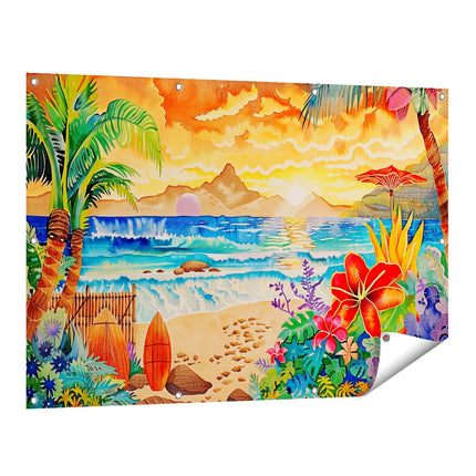 Tuinposter vooraanzicht Kunstwerk van een Tropisch Tafereel met Palmbomen en Surfplanken