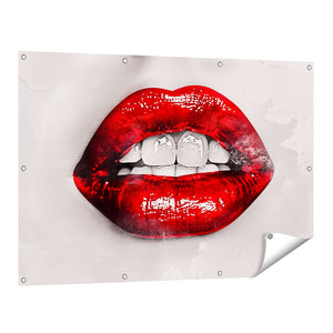 Tuinposter vooraanzicht De Rode Lippen van de Vrouw met Witte Tanden