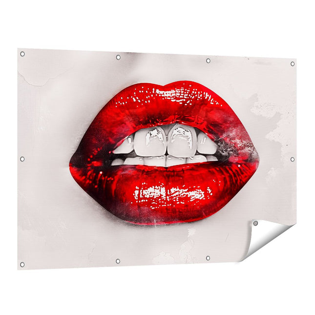 Tuinposter vooraanzicht De Rode Lippen van de Vrouw met Witte Tanden