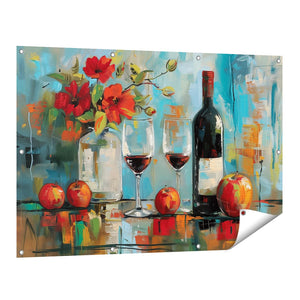Tuinposter vooraanzicht Kunstwerk van een Fles Wijn en een Glas Rode Wijn