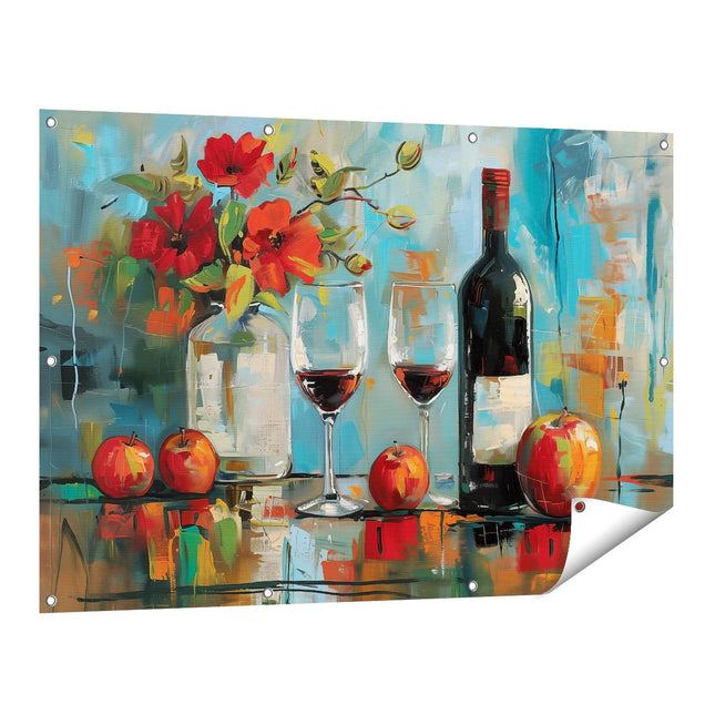 Tuinposter vooraanzicht Kunstwerk van een Fles Wijn en een Glas Rode Wijn