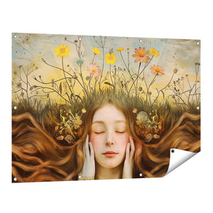 Tuinposter vooraanzicht Meisje met Lang haar en Bloemen op haar Hoofd