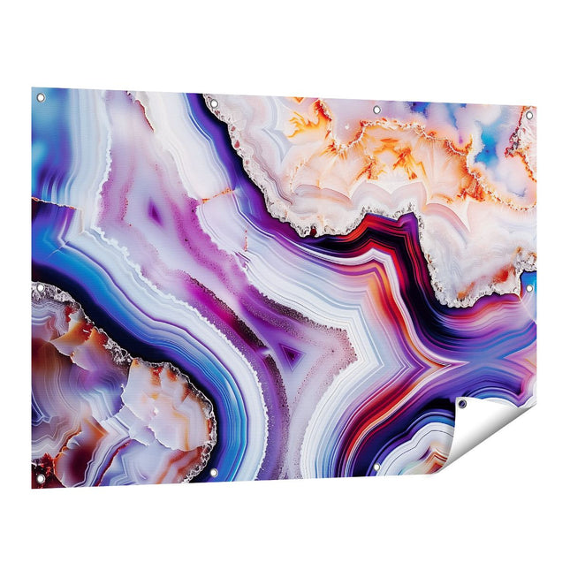 Tuinposter vooraanzicht De Afbeelding is een Close-Up van een Paarse, Blauwe en Oranje Agaat