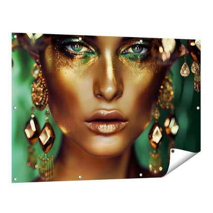 Tuinposter vooraanzicht Vrouw met Gouden Make-Up en Oorbellen