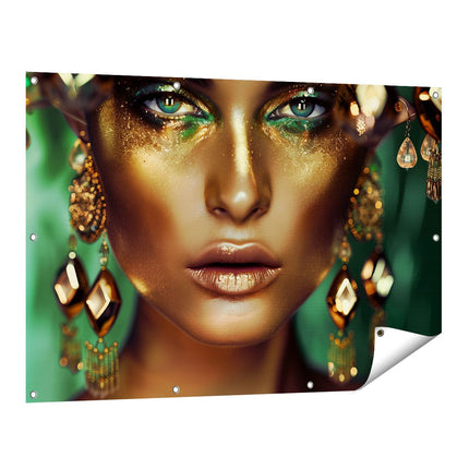 Tuinposter vooraanzicht Vrouw met Gouden Make-Up en Oorbellen