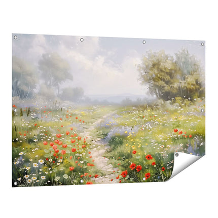 Tuinposter vooraanzicht Kunstwerk van een Pad door een Veld met Wilde Bloemen
