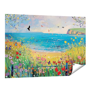 Tuinposter vooraanzicht Kunstwerk van een Strand met Bloemen en Vogels
