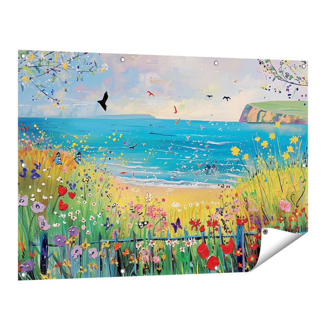 Tuinposter vooraanzicht Kunstwerk van een Strand met Bloemen en Vogels