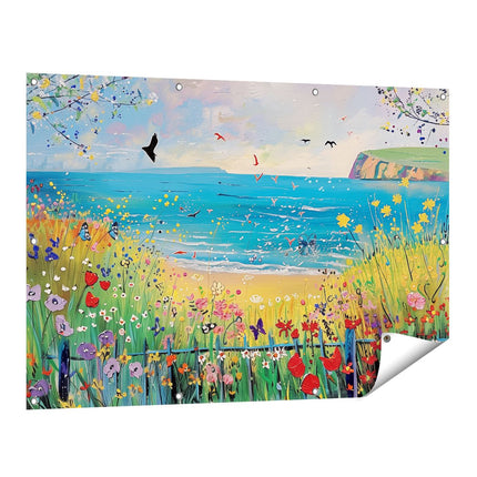 Tuinposter vooraanzicht Kunstwerk van een Strand met Bloemen en Vogels