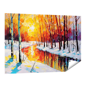 Tuinposter vooraanzicht Winters Tafereel met Bomen en een Rivier