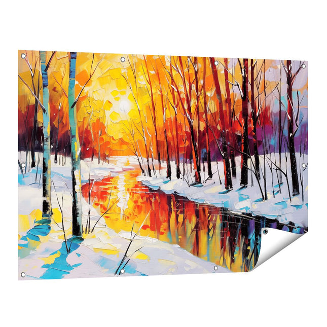 Tuinposter vooraanzicht Winters Tafereel met Bomen en een Rivier