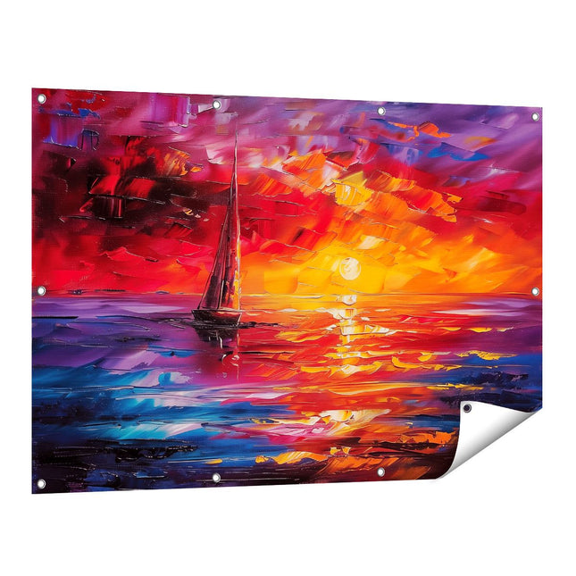 Tuinposter vooraanzicht Zeilboot in het Water bij Zonsondergang