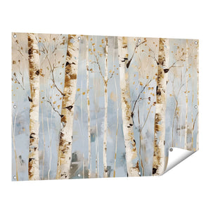 Tuinposter vooraanzicht Kunstwerk van Berkenbomen op een Blauwe Achtergrond
