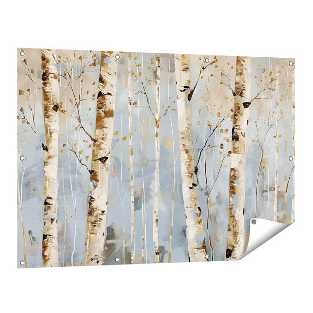 Tuinposter vooraanzicht Kunstwerk van Berkenbomen op een Blauwe Achtergrond