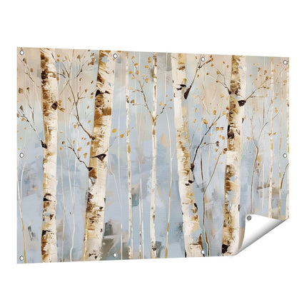 Tuinposter vooraanzicht Kunstwerk van Berkenbomen op een Blauwe Achtergrond