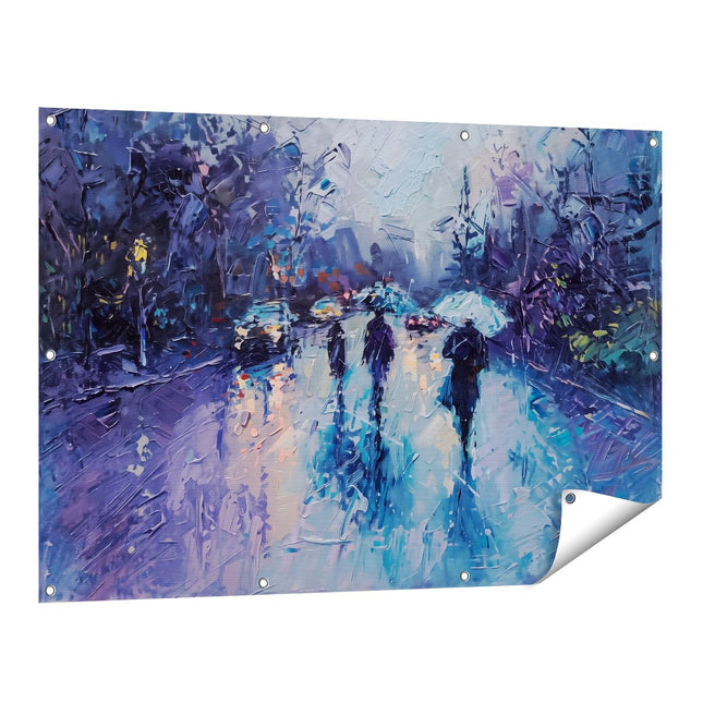 Tuinposter vooraanzicht Mensen die met Paraplu's in de Regen Lopen