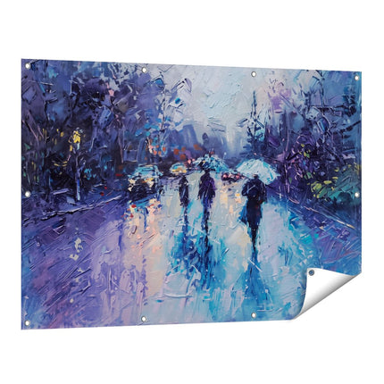 Tuinposter vooraanzicht Mensen die met Paraplu's in de Regen Lopen