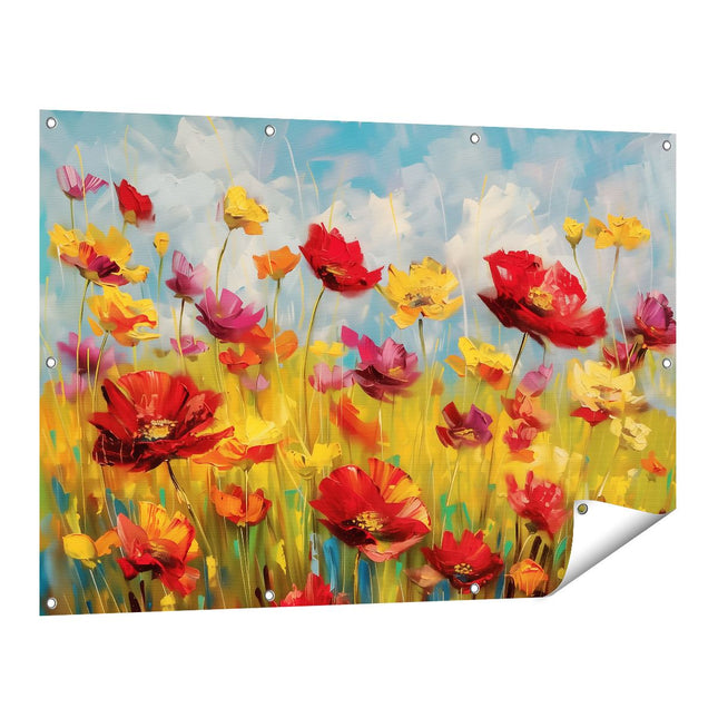 Tuinposter vooraanzicht Kleurrijke Bloemen in een Veld