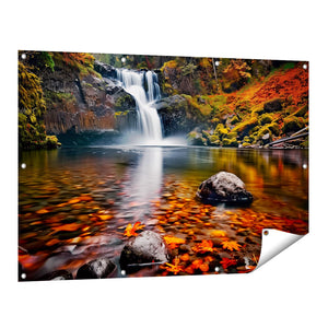 Tuinposter vooraanzicht Waterval Omgeven door Herfstbladeren
