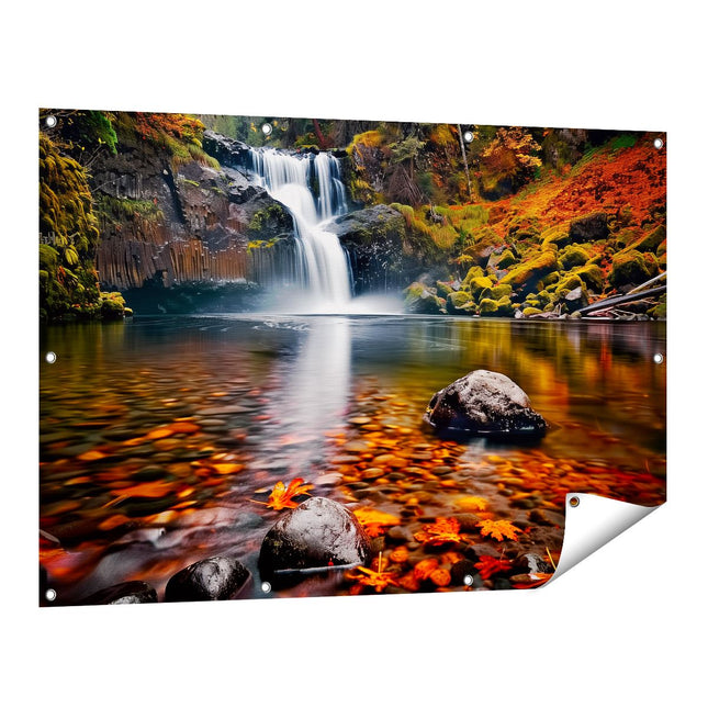 Tuinposter vooraanzicht Waterval Omgeven door Herfstbladeren