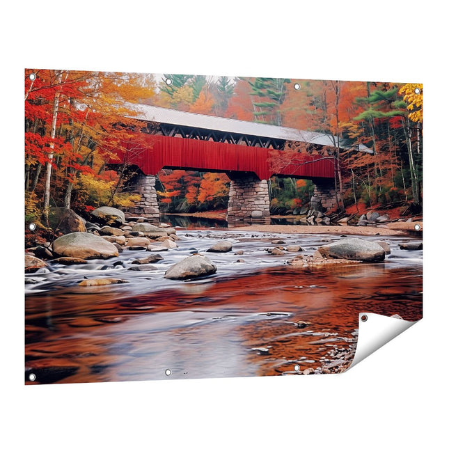 Tuinposter vooraanzicht Overdekte Brug over een Rivier