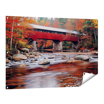 Tuinposter vooraanzicht Overdekte Brug over een Rivier