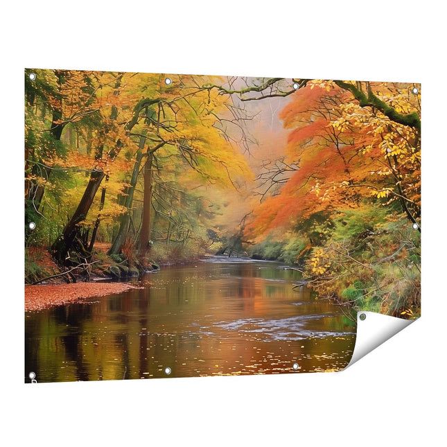 Tuinposter vooraanzicht Rivier Omgeven door Bomen in de Herfst