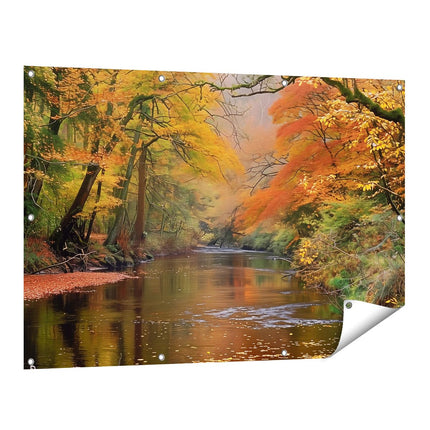 Tuinposter vooraanzicht Rivier Omgeven door Bomen in de Herfst