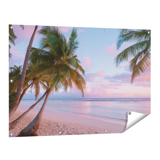 Tuinposter vooraanzicht Palmbomen op een Strand bij Zonsondergang
