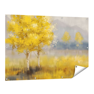 Tuinposter vooraanzicht Kunstwerk van een Gele Boom in een Veld
