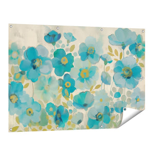 Tuinposter vooraanzicht Blauwe Bloemen op een Beige Achtergrond