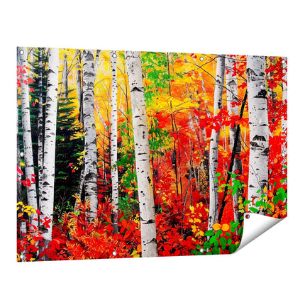 Tuinposter vooraanzicht Kleurrijke Berkenbomen in de Herfst