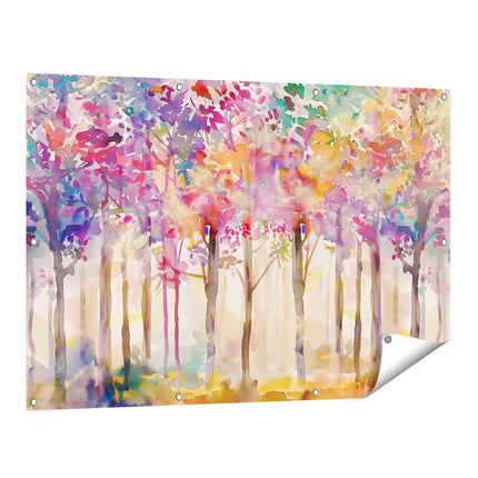 Tuinposter vooraanzicht Aquarelkunstwerk van Kleurrijke Bomen